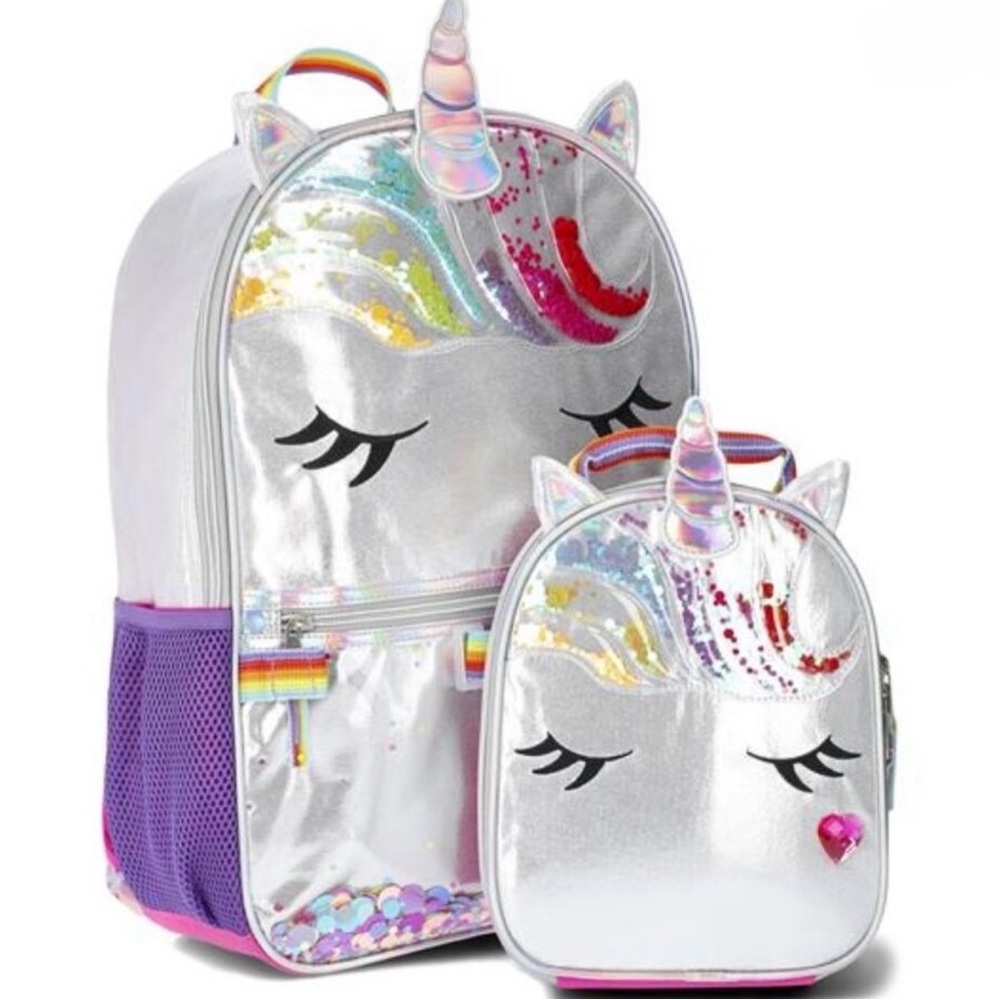 NWT Unicorn Sequin Backpack and Lunch Bag Set - Silver and Pink Rainbow